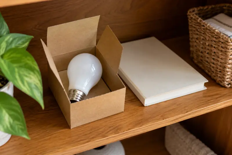 An uninstalled light bulb in plain packaging on a dry cupboard shelf.