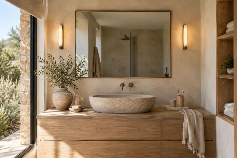 Illustrative bathroom basin and mirror with wall lights and natural daylight.