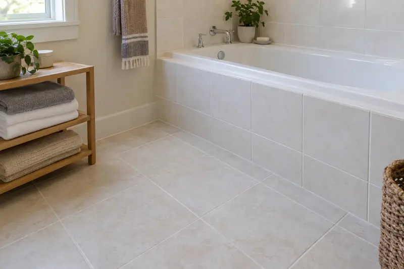 Illustrative dry bathroom showing the floor outside an empty bathtub and separate towel storage.