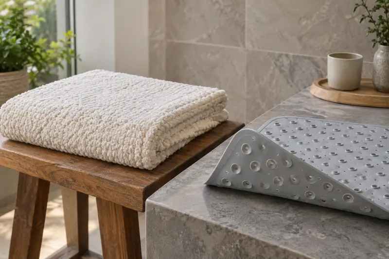Illustrative folded textile bath mat beside a separate mat with suction cups visible.