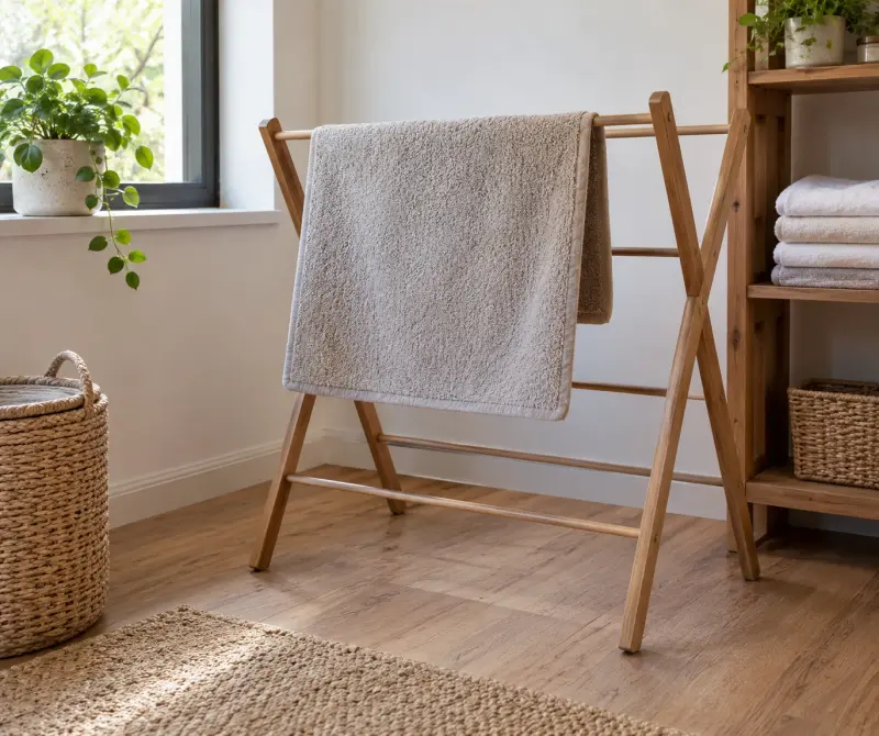 Illustrative textile mat hanging on a freestanding drying rack beside separate towels.