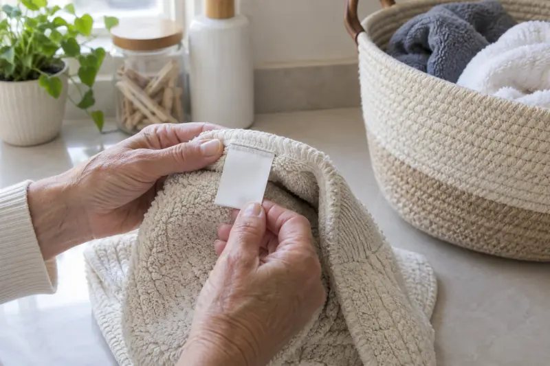 Illustrative hands looking at a plain sewn tag on a folded textile bath mat.