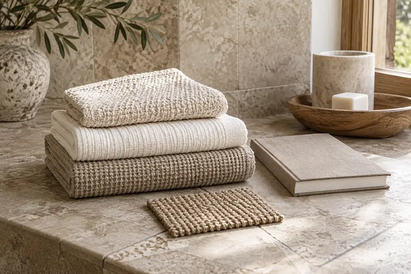 Illustrative folded bathroom textiles and a woven material sample beside a closed notebook.