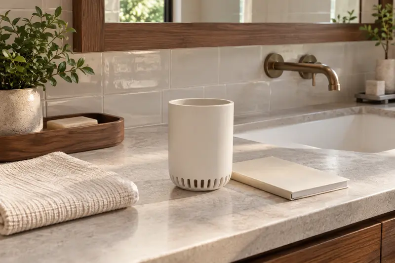 Empty ivory accessory cup, folded cloth and closed booklet on a dry bathroom counter.