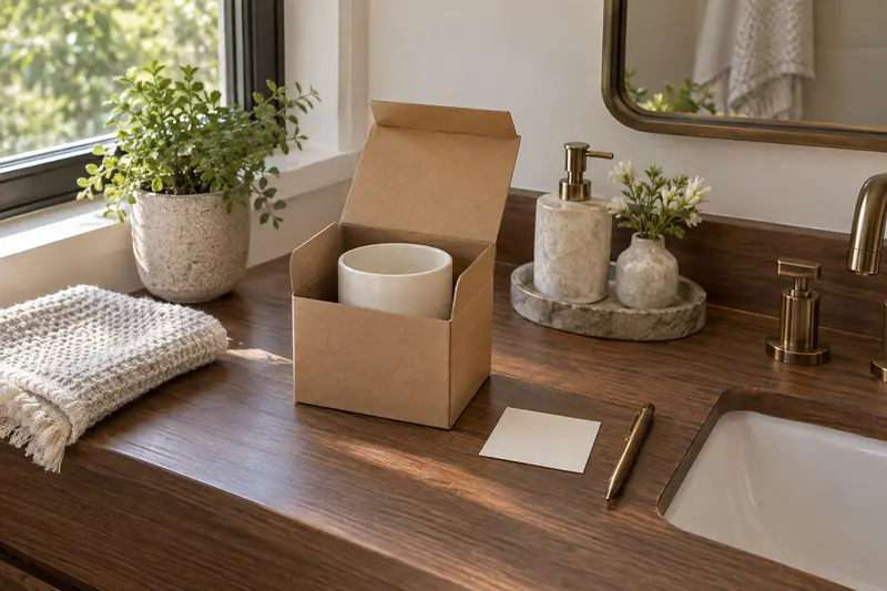 Plain ivory cup in an open kraft box beside a blank card and pen.