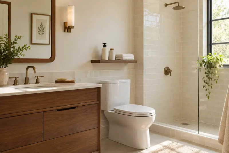 Walnut bathroom vanity beside a shelf with plain toiletries and folded towels.