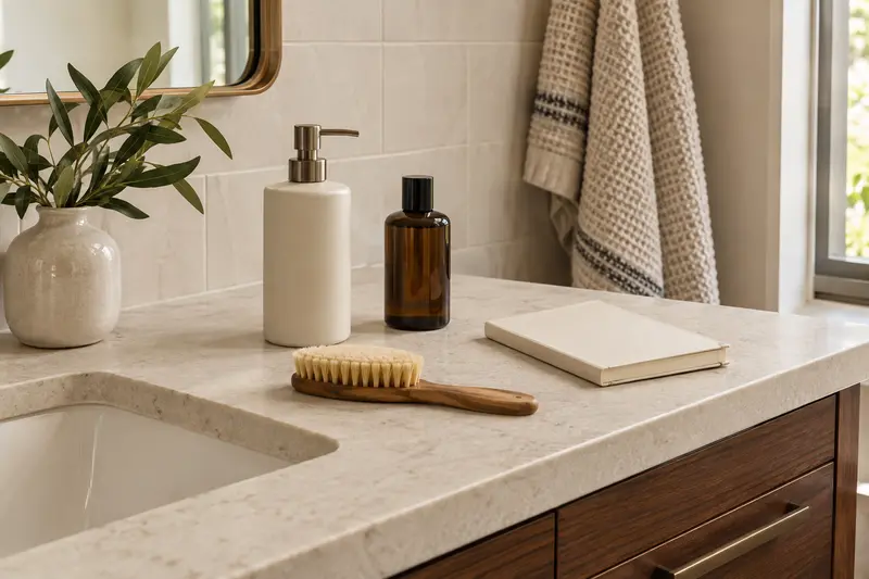 Two unlabeled toiletry containers, a wooden brush and a closed notebook on a bathroom counter.