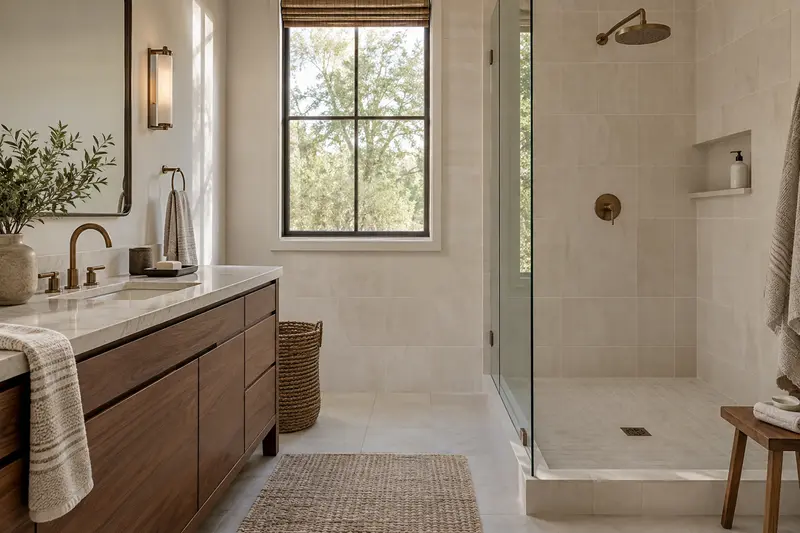 Wide view of a walnut vanity and tiled shower with bronze controls and a small wall shelf.