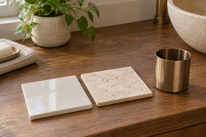 Smooth glazed tile and textured stone samples beside a metal storage cup on walnut.