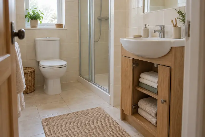 A compact bathroom with towels in an existing vanity cupboard.