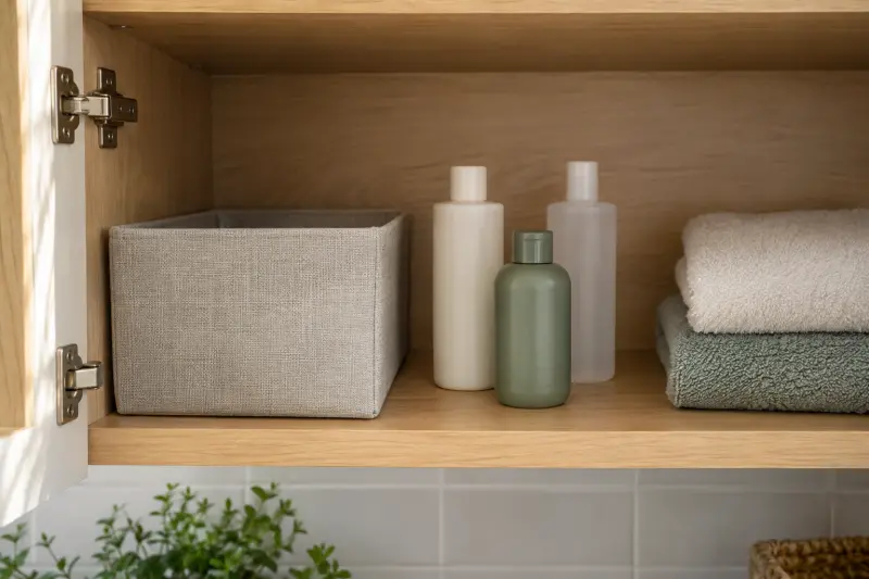 An empty fabric bin, plain bottles and folded towels inside a cupboard.