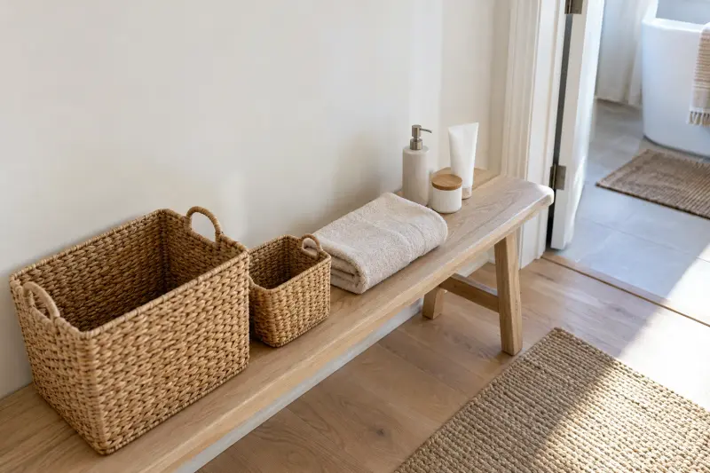 Empty baskets, a folded towel and plain toiletry containers on a dry hallway bench.