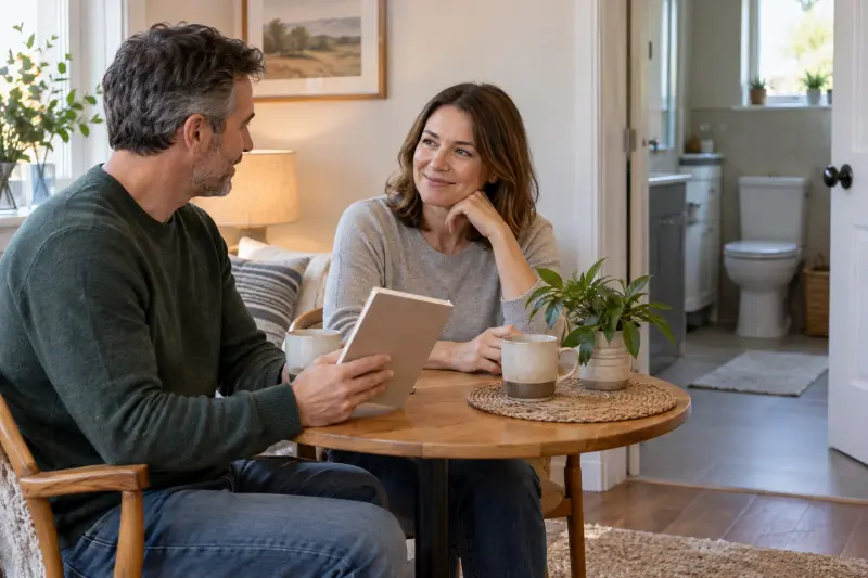 Two seated adults discussing a plain notebook near a bathroom doorway.