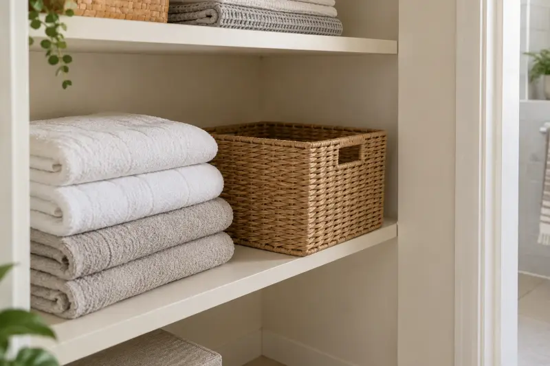 Folded towels and an empty basket on a household cupboard shelf.