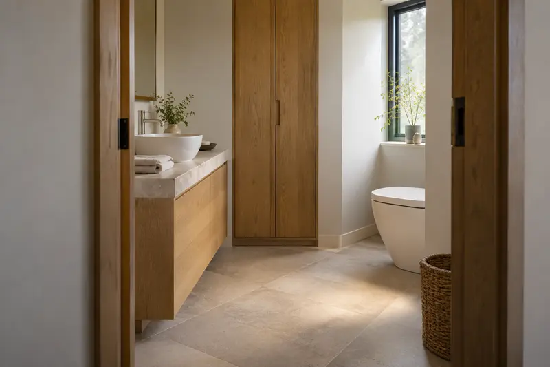 Illustrative compact bathroom with an oak cupboard and uncluttered floor.