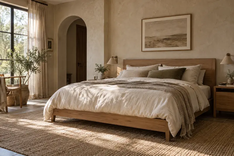 An illustrative quiet bedroom with linen bedding