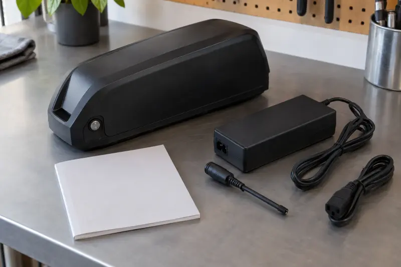 Illustrative sealed battery-shaped casing and separate disconnected charger-shaped component beside a booklet.