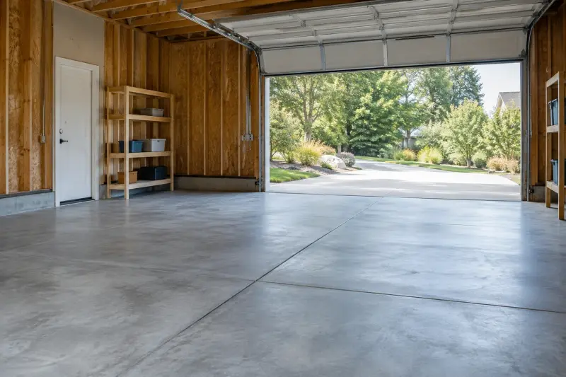 Illustrative garage with an open doorway, sparse shelving and clear floor.