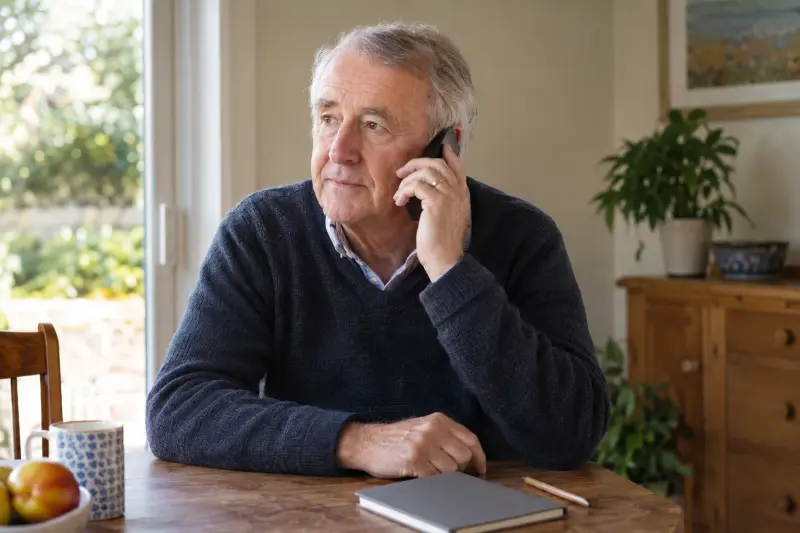 Illustrative adult making a phone enquiry beside a closed owner booklet.