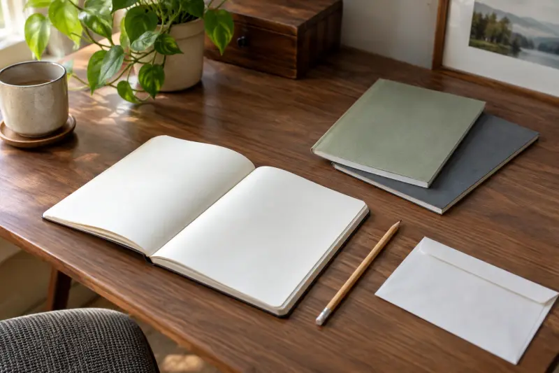 Illustrative blank notebook with two closed booklets, a pencil and plain envelope.