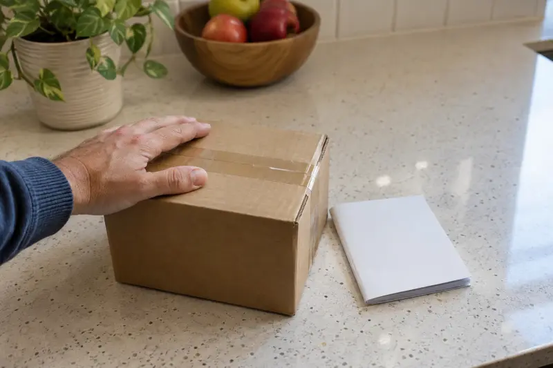 Illustrative hand resting on a sealed plain parcel beside a closed instruction booklet.