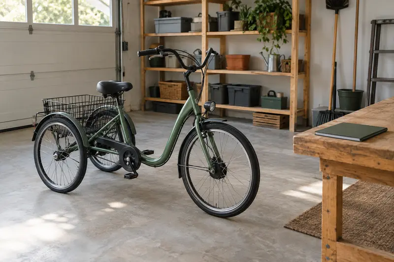 Illustrative parked unbranded tricycle and closed owner folder in an orderly garage.