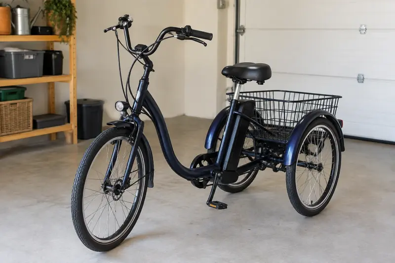 Illustrative generic adult tricycle standing unused in a garage, with its handlebar and rear basket visible.