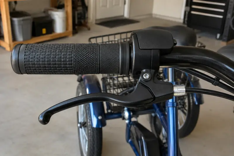 Illustrative detail of a generic tricycle handlebar grip, brake lever and unmarked control housing.