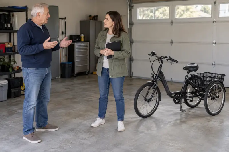 Illustrative garage conversation beside an unused generic tricycle, with a closed notebook for questions.