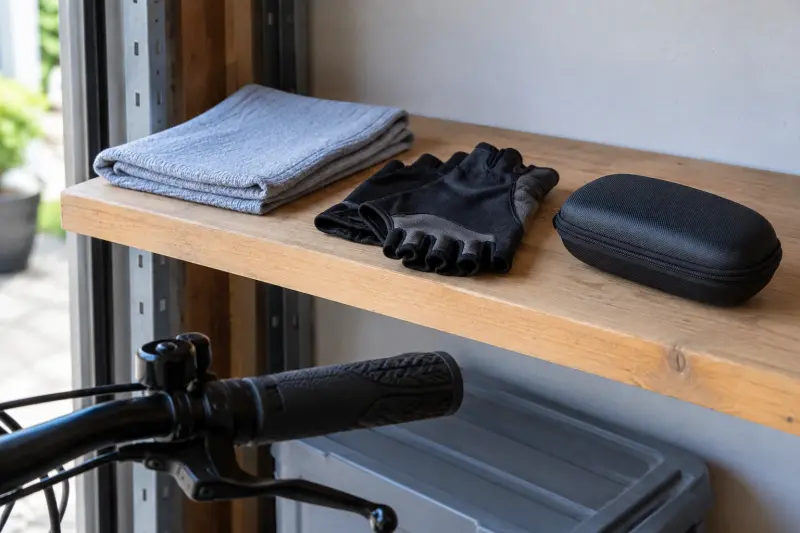 Illustrative garage shelf with a dry cloth, cycling gloves and glasses case beside an untouched handlebar.