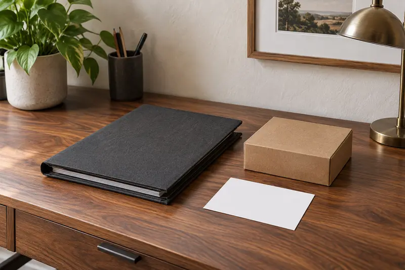 Closed charcoal folder, plain cardboard box and blank card on a wooden workbench.