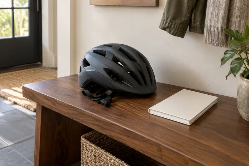Plain charcoal cycling helmet and closed blank booklet on a walnut bench.