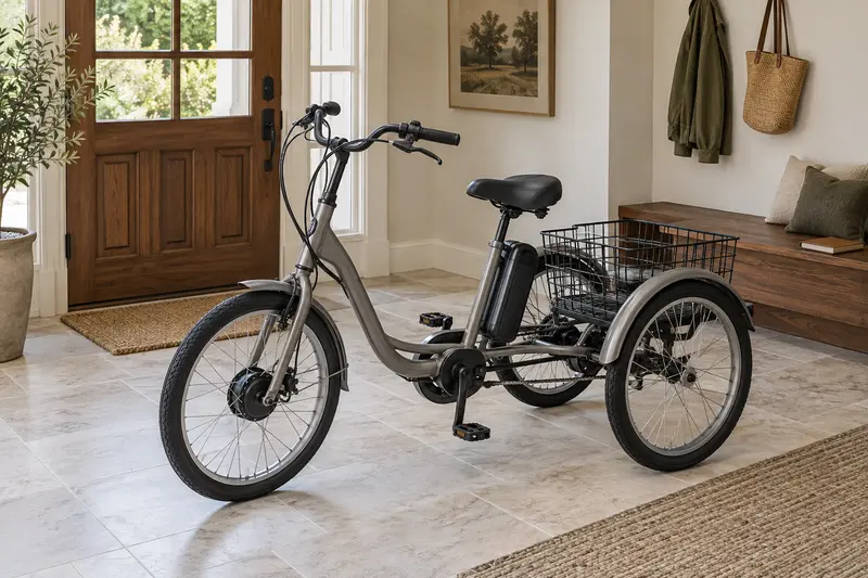 Unbranded three-wheel cycle with a rear basket parked in a bright entryway.