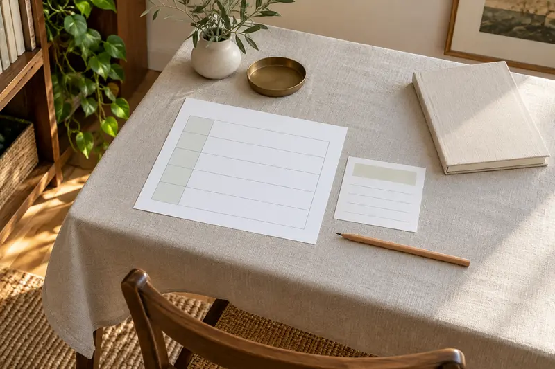 Blank ruled planning sheet, small card, pencil and closed notebook on a linen-covered table.