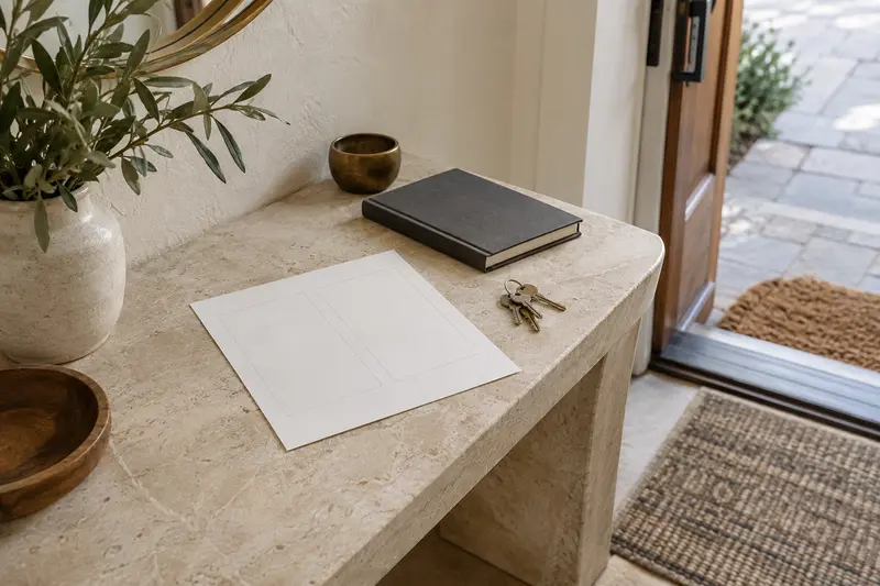 Blank planning sheet, closed notebook and house keys on a limestone console near a doorway.
