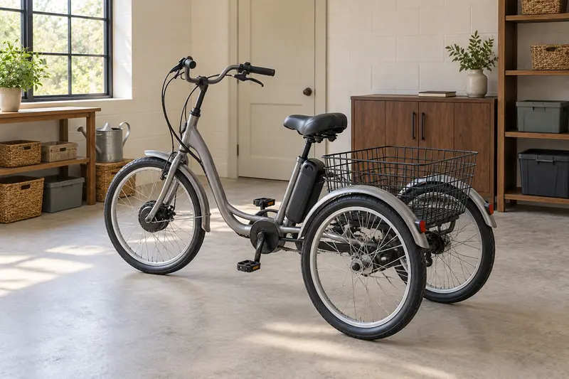 Three-wheel cycle with an empty rear basket parked in a spacious domestic storage room.