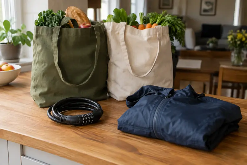 Illustrative shopping bags, cycle lock and folded jacket on a wooden counter.