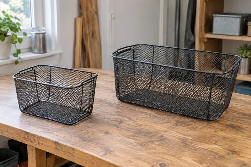 Illustrative empty metal cycle baskets of different sizes on a workbench.