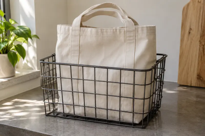 Illustrative plain canvas bag in a standalone wire basket on a dry counter.