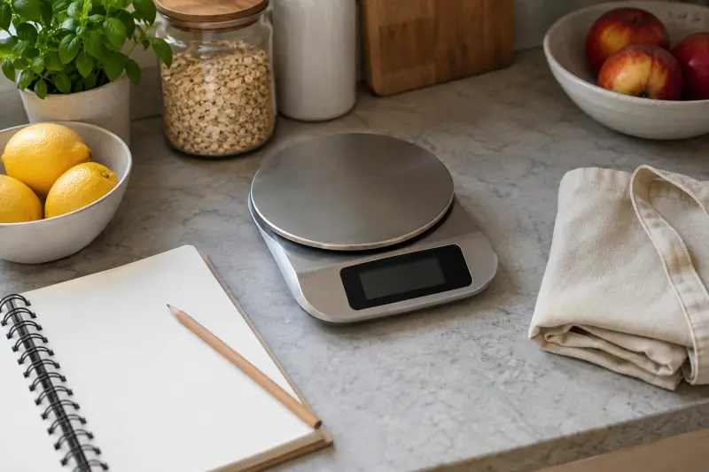 Illustrative empty kitchen scale with a dark display beside a blank notebook and folded bag.
