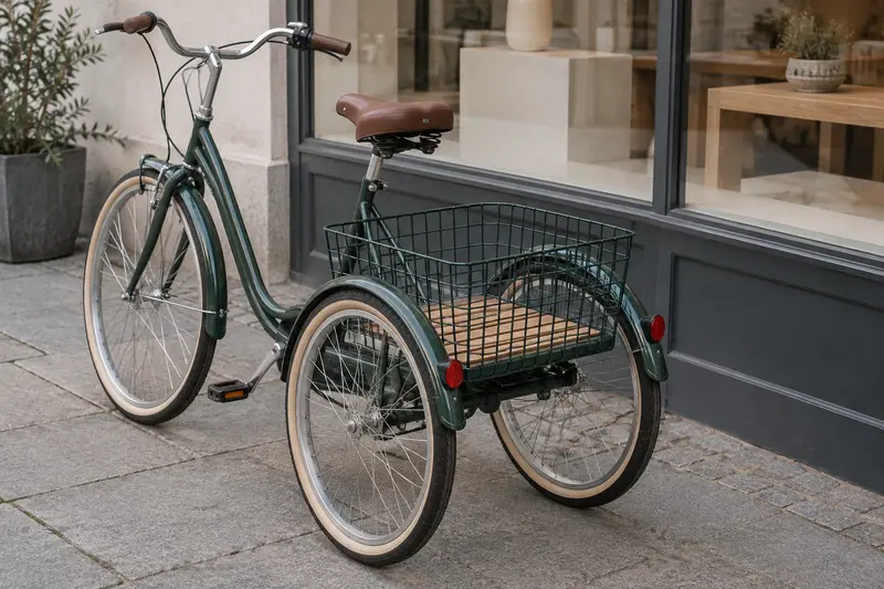 Illustrative adult tricycle with an empty rear basket outside a plain shop window.