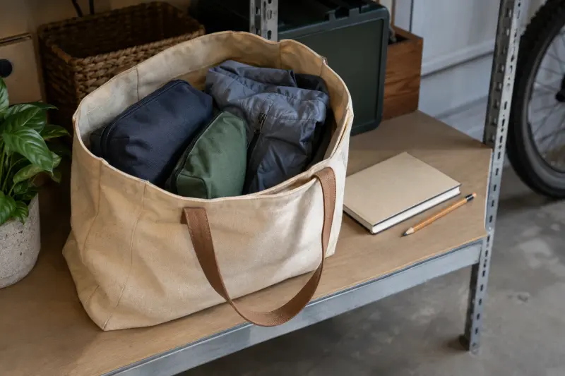 Illustrative luggage planning with a canvas tote, fabric pouches, jacket and closed notebook on a garage shelf.