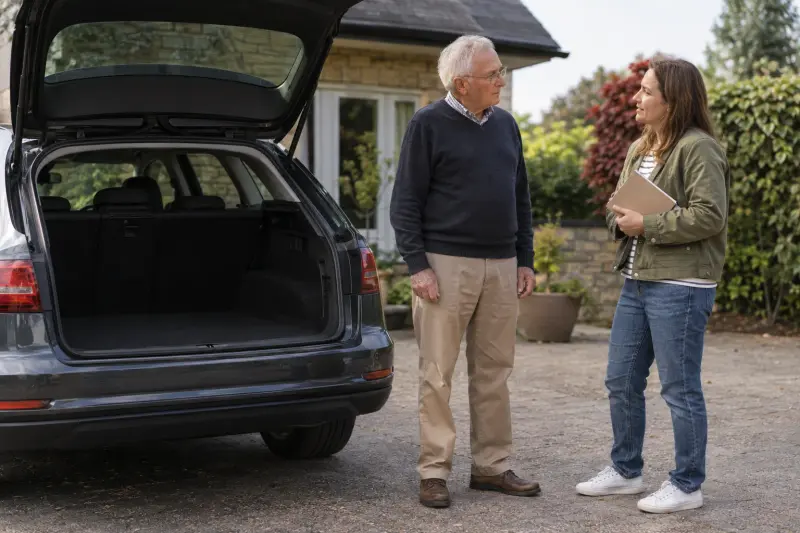Illustrative transport conversation beside an empty open car boot, with a closed notebook.
