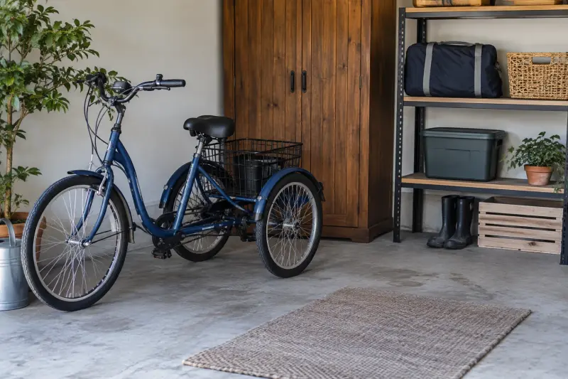 Illustrative garage storage with an unused generic tricycle and a separate shelf for a travel bag and basket.