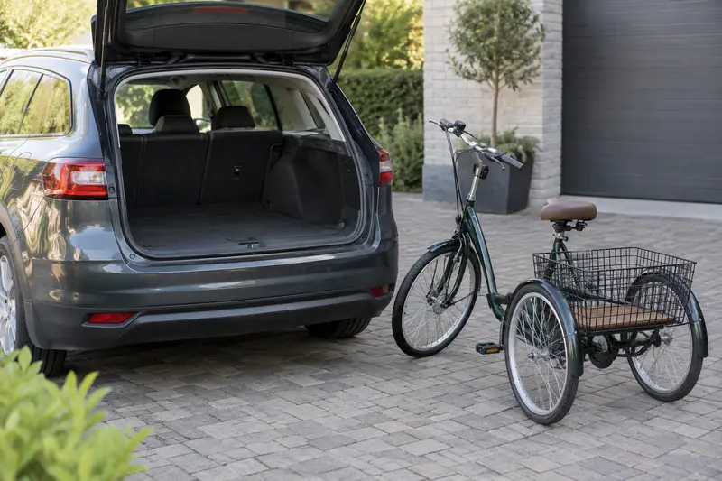 Illustrative parked adult tricycle beside an open empty car boot.