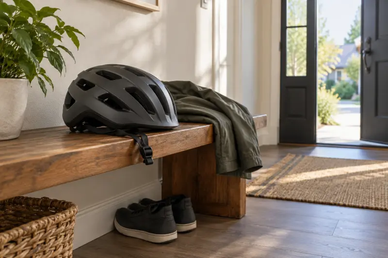 An unbranded cycling helmet and jacket on an entryway bench.
