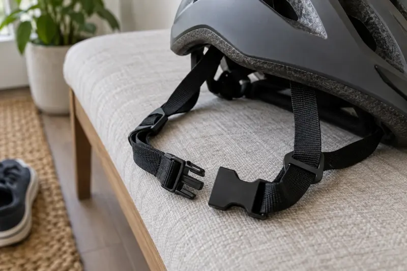 Loose helmet straps and an unfastened buckle on an upholstered bench.