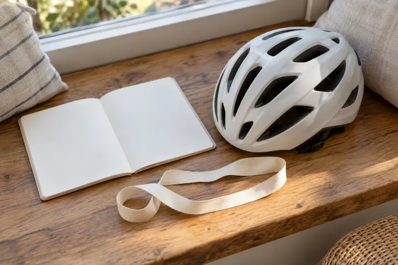 An unmarked ribbon, blank notebook and cycling helmet on a window seat.