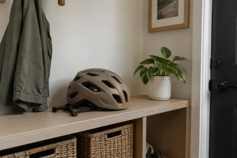 A cycling helmet stored on a dry entryway shelf beside a jacket.
