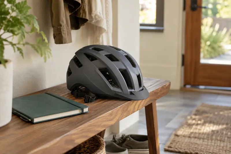 Unbranded charcoal cycling helmet and a closed green notebook on a wooden entryway bench.